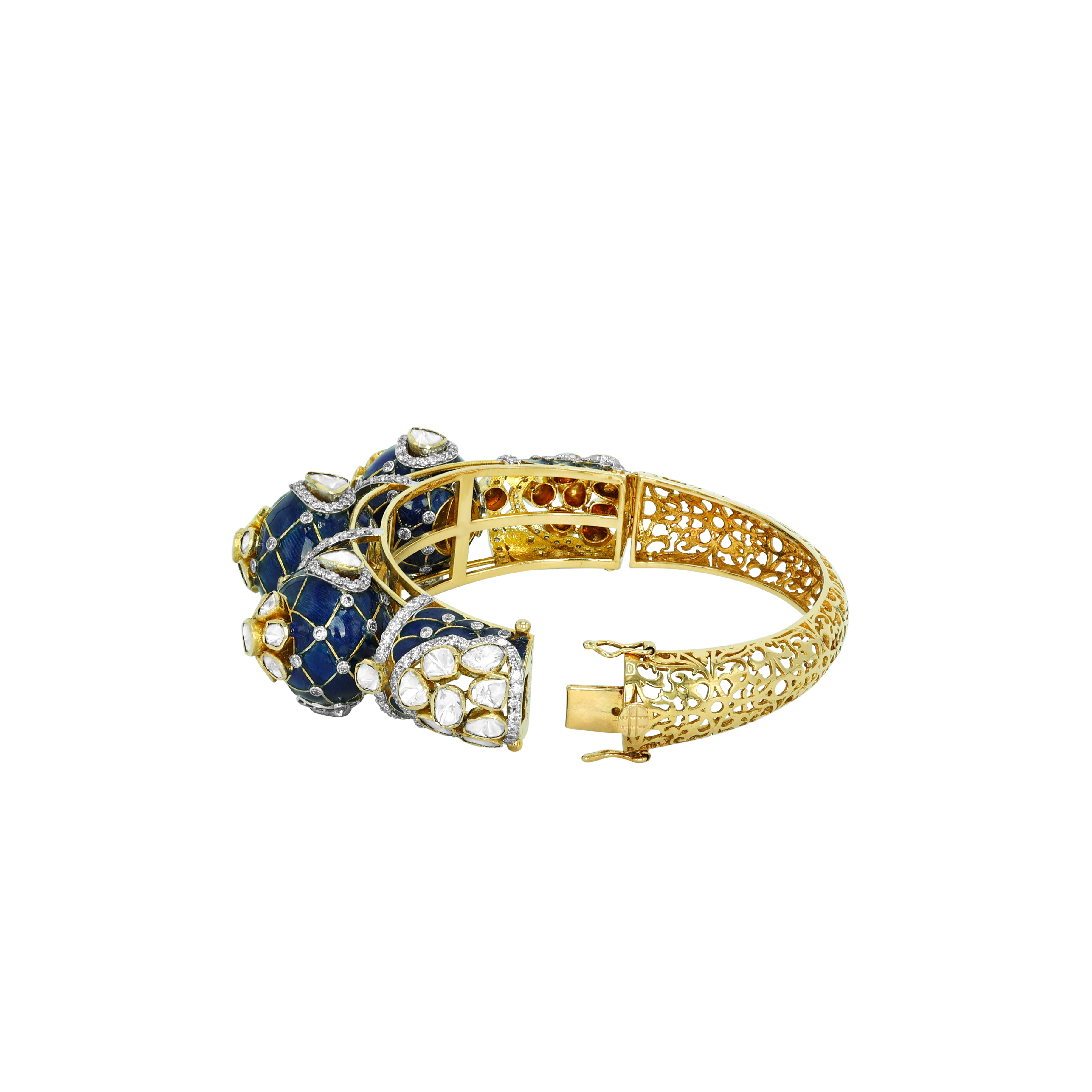 Dome Polki Bangle with Deep Blue Enamel and Lattice Sides